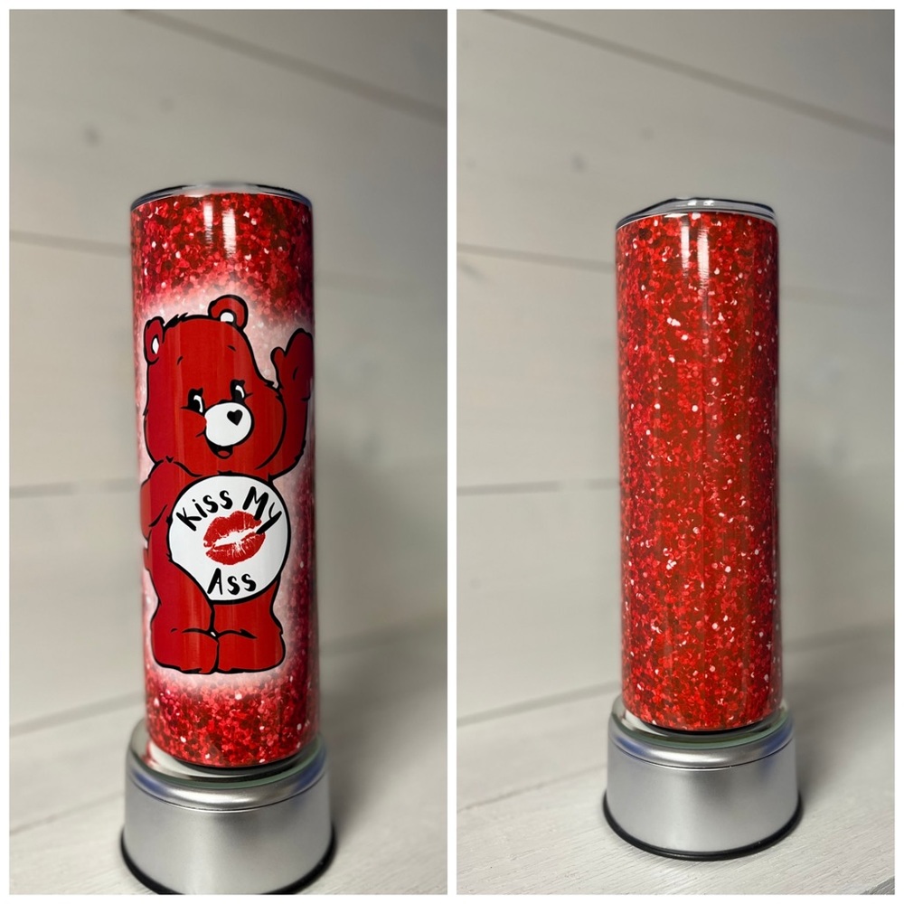 Care Bear "Kiss My Ass" Red Glitter Wrap 20 oz Skinny Tumbler